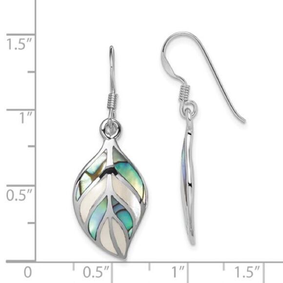 New Sterling Silver Leaf Mother of Pearl and Abalone Dangle Earrings - Picture 4 of 4